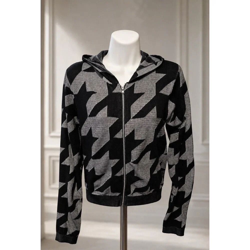 AQ Sport Girls Size L Black Gray Houndstooth Full Zip Hooded Jacket